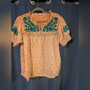 Embroidered Orange and Green Blouse